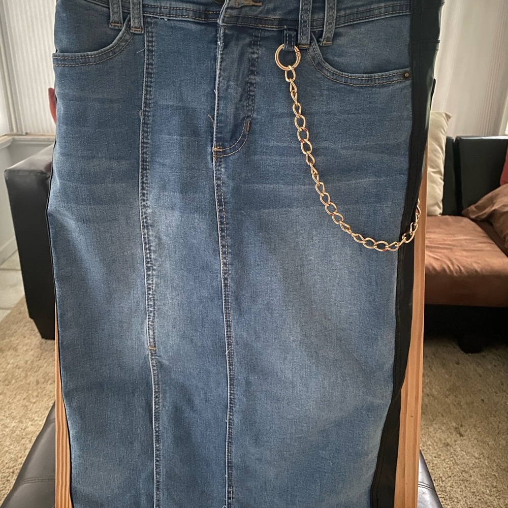 Two Tone Skirt Denim Jean front and Faux Black Leather back with Chain Detail